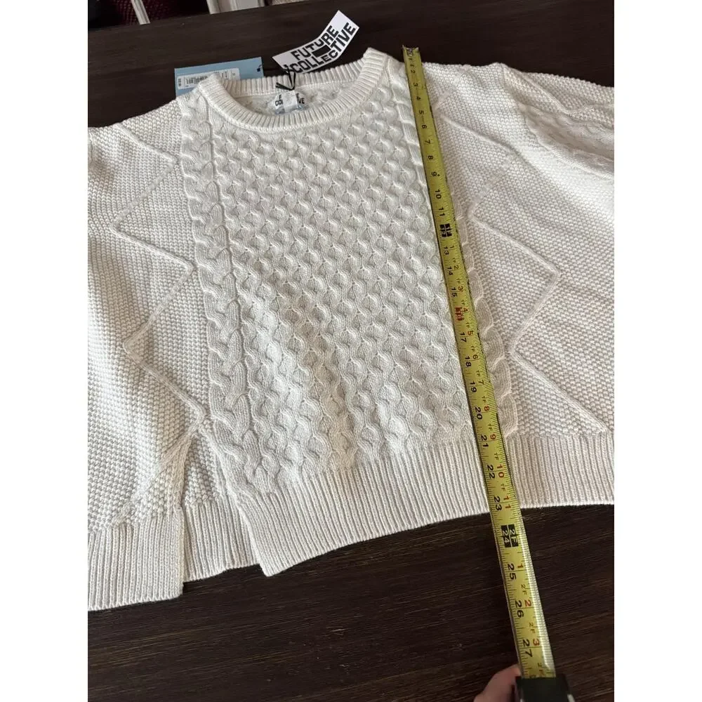 Future Collective Sweater Womens 2X White Cable Knit Raglan Pullover Crew Neck